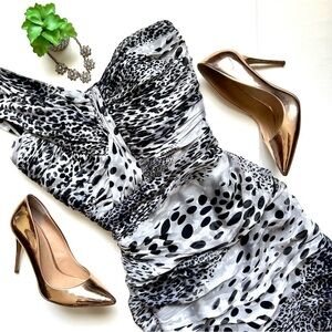 Tadashi Shoji One Shoulder Silk Ruched Cocktail Dress Leopard Print Size 10